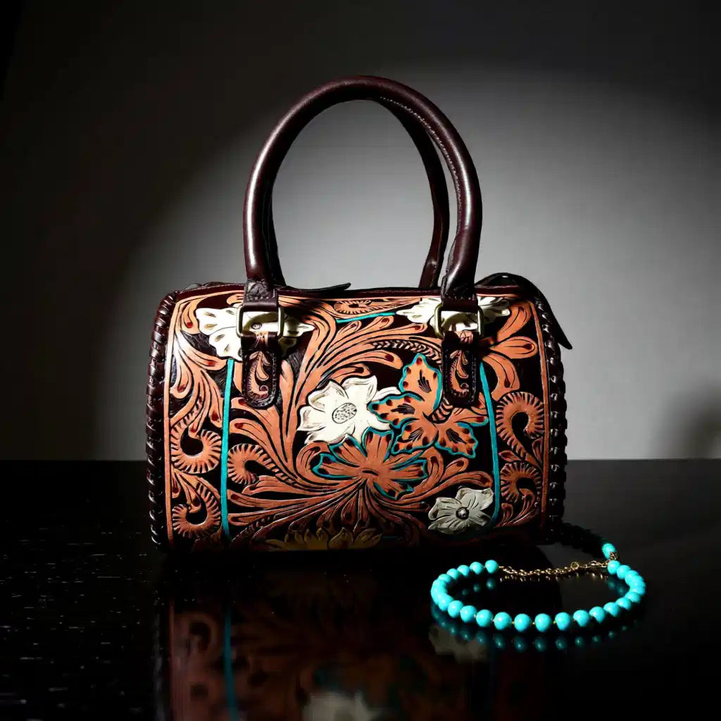White Wildflower Collection – Floral Tooled Western Speedy Handbag