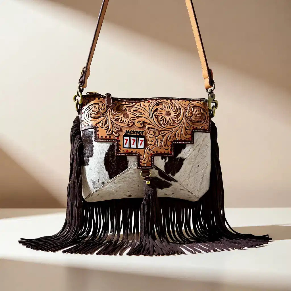 Lucky Seven Fringe Crossbody Bag – Tooled Leather & Hair-on-Hide