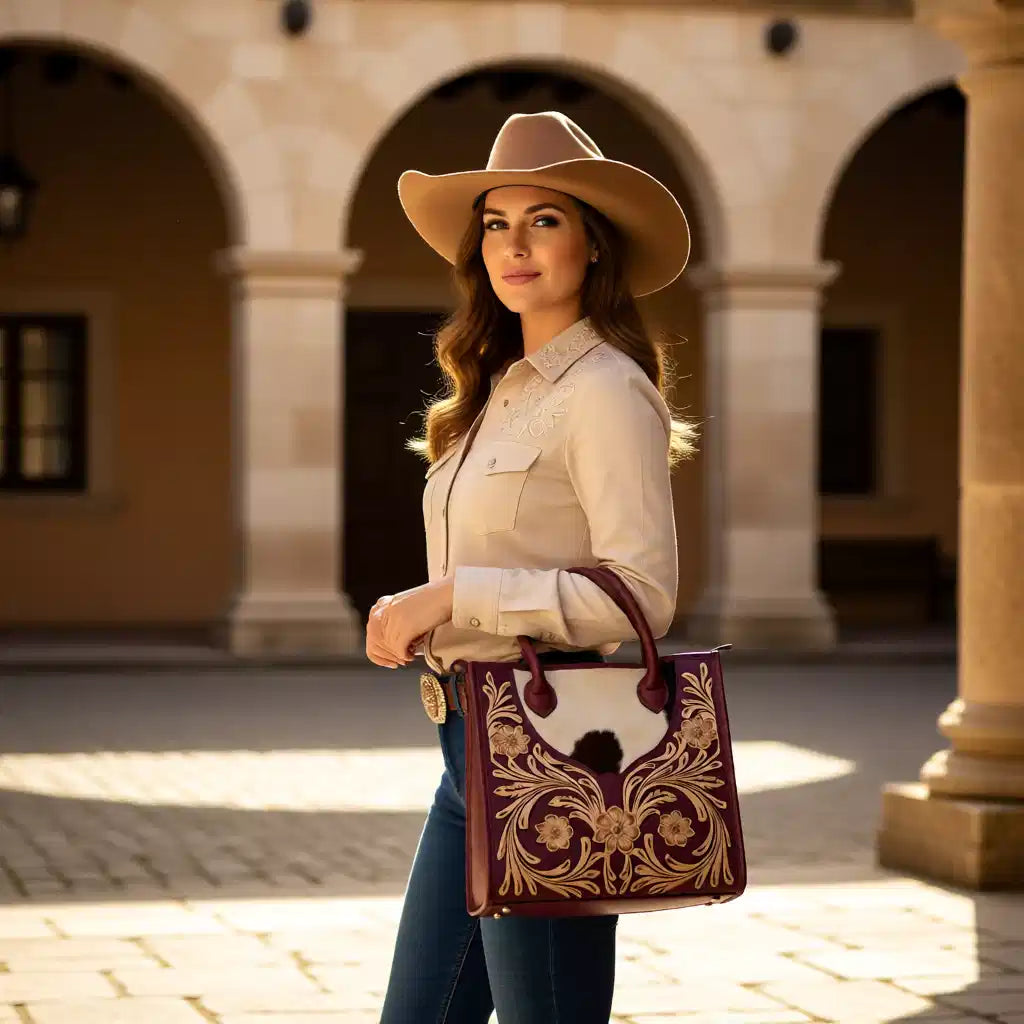 J  Rose Collection Cowhide & Floral Tooled Leather Tote Bag