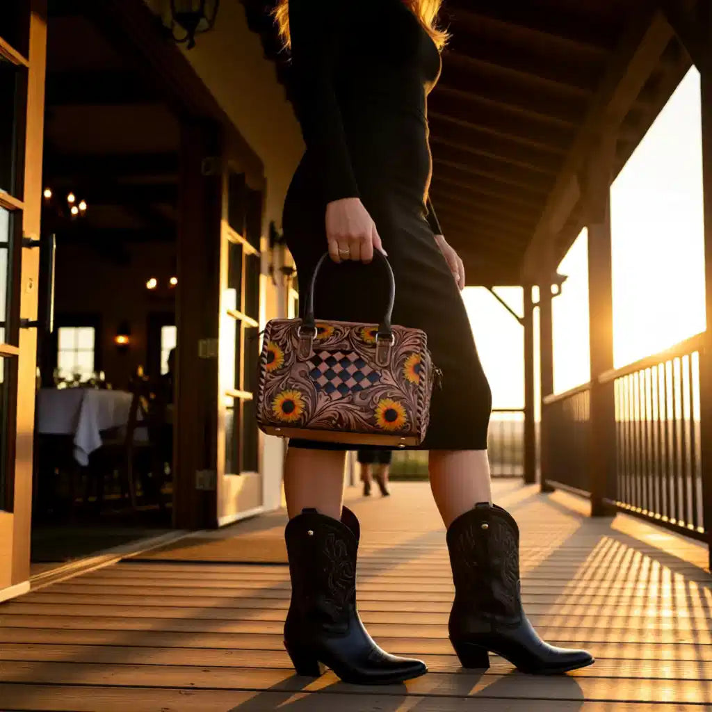 Sun-Kissed Darling Speedy – Genuine Leather Tooled Western Sunflower Handbag