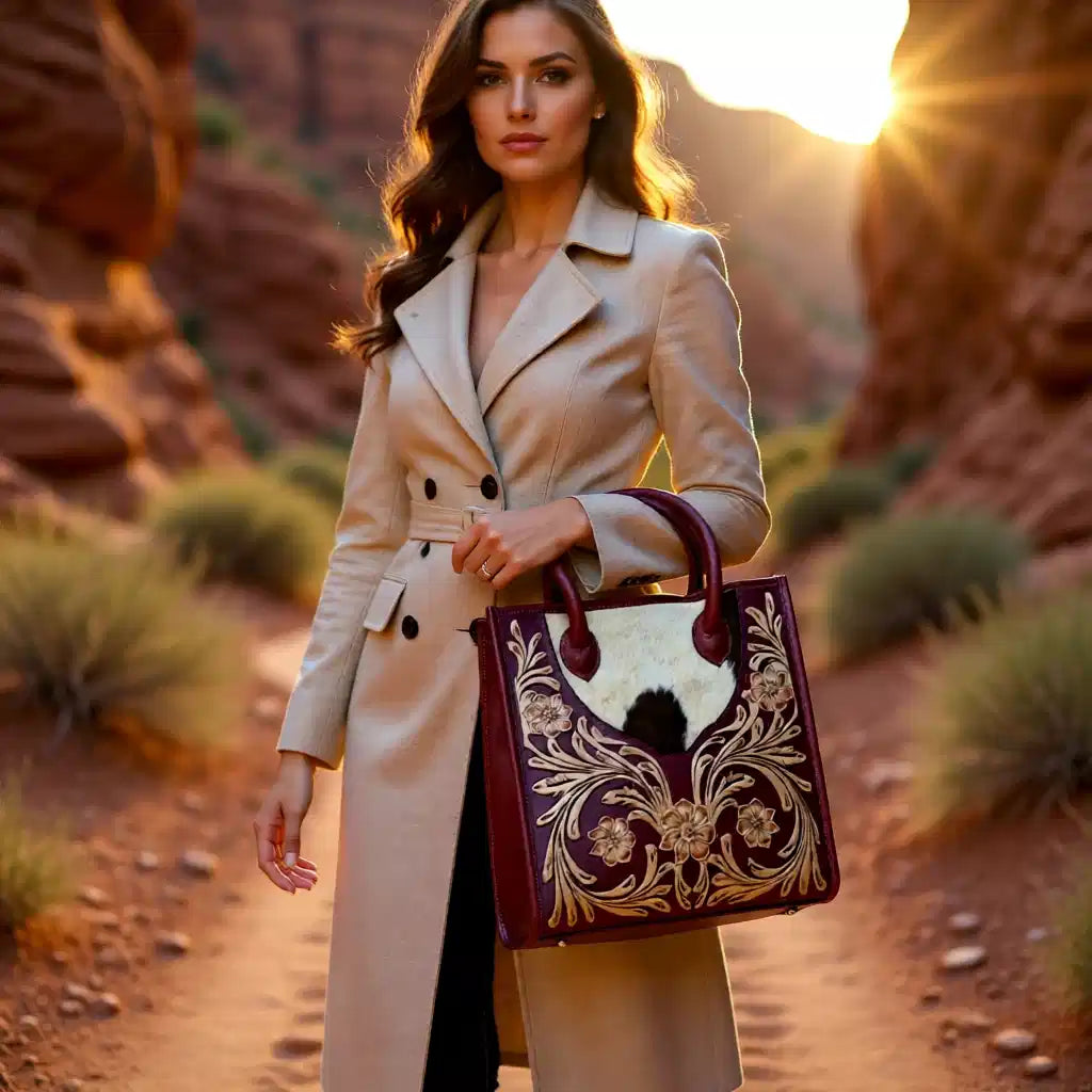J  Rose Collection Cowhide & Floral Tooled Leather Tote Bag