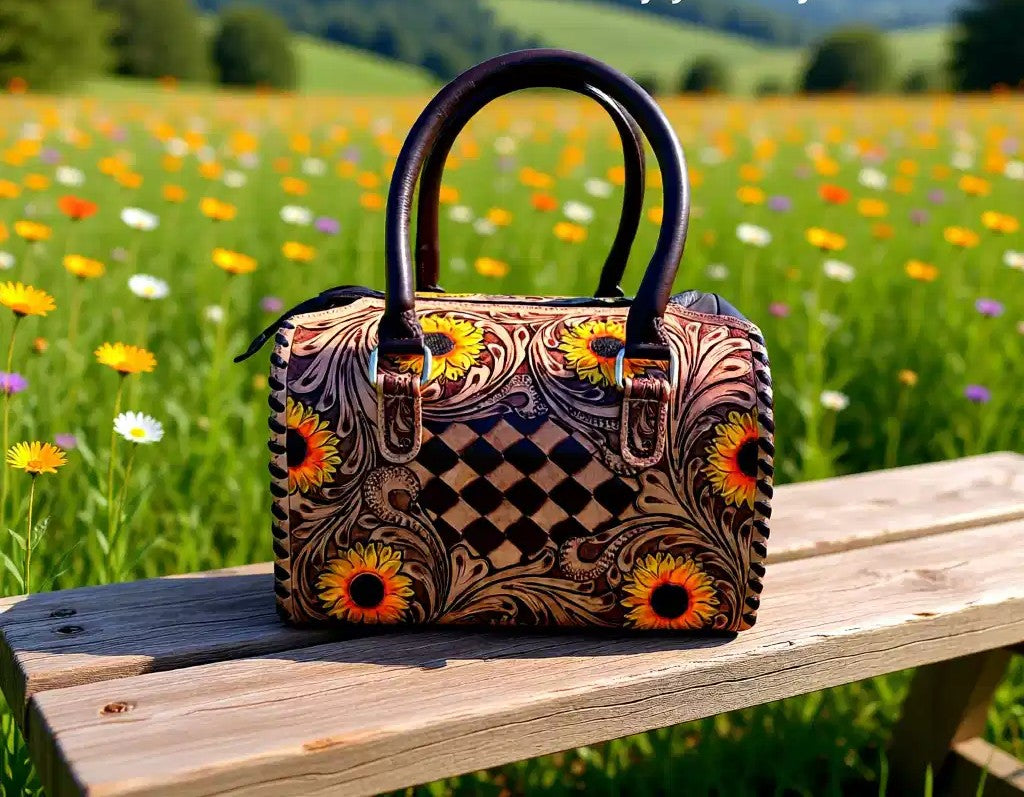 Sun-Kissed Darling Speedy – Genuine Leather Tooled Western Sunflower Handbag