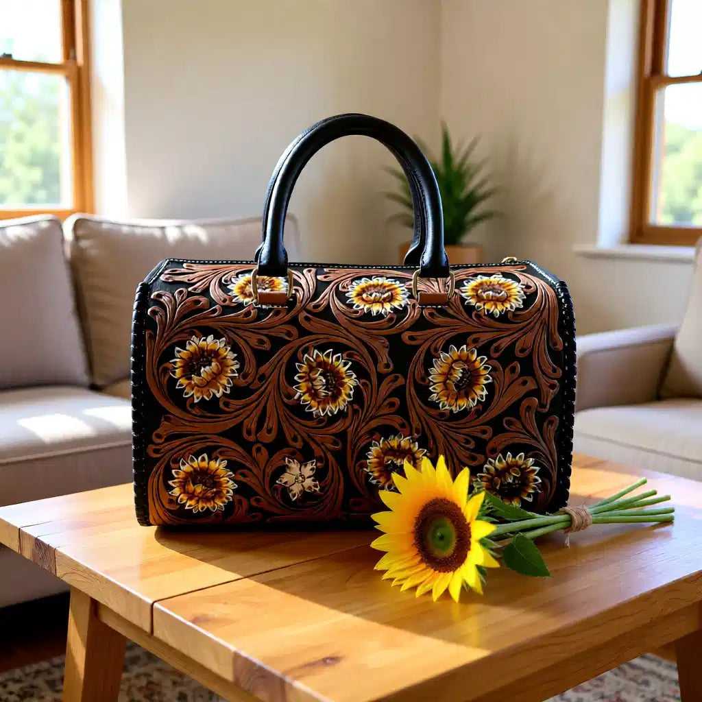 Black Gold Sunflower Hand-Tooled Leather Speedy Bag
