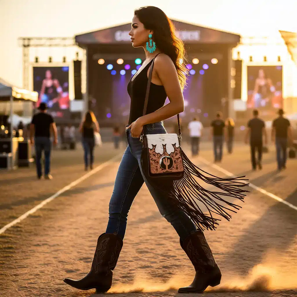 Sassy Cactus Tooled Leather Fringe Bag