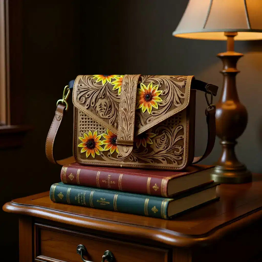 Sunshine Prairie Genuine Leather Tooled Clutch Crossbody Handbag
