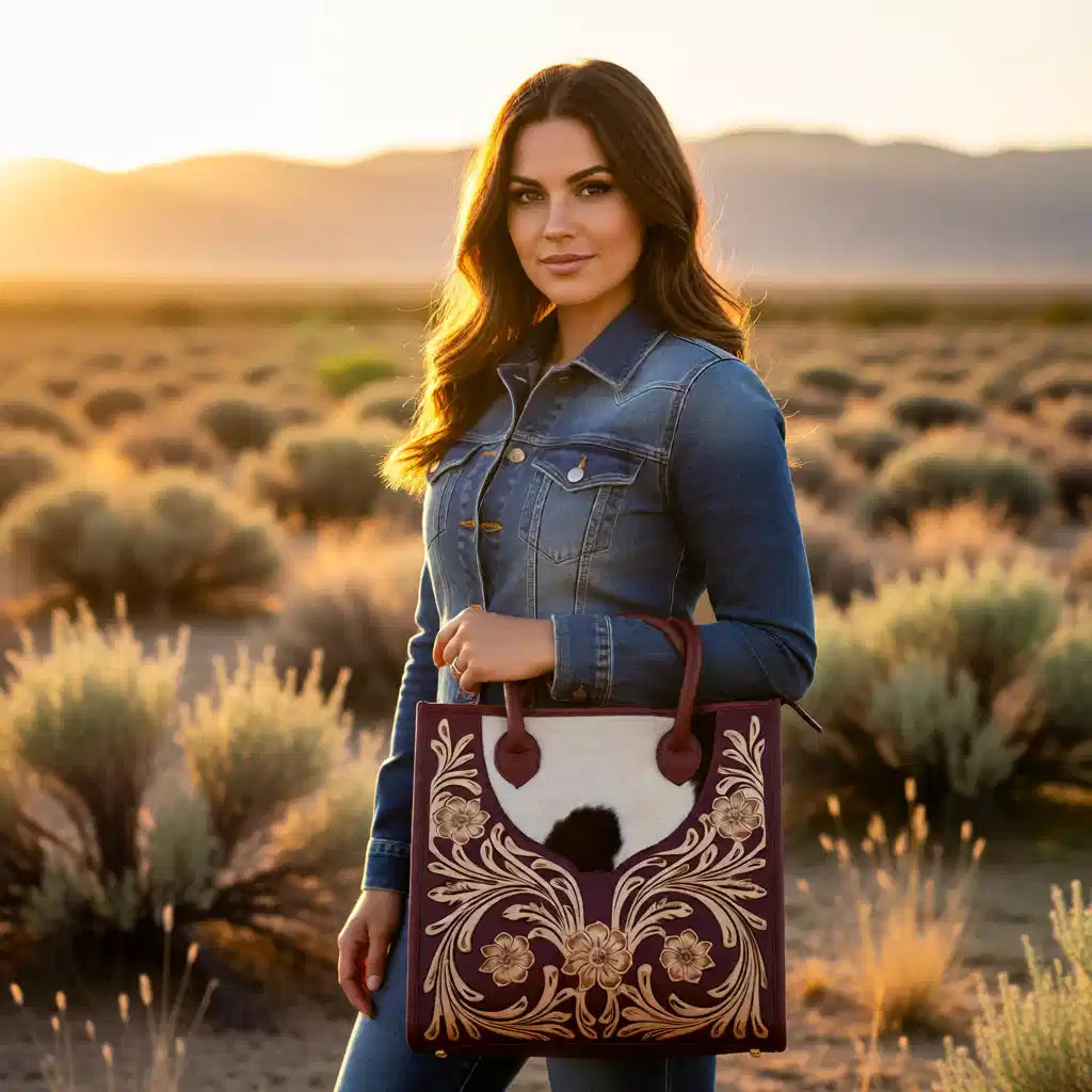 J  Rose Collection Cowhide & Floral Tooled Leather Tote Bag