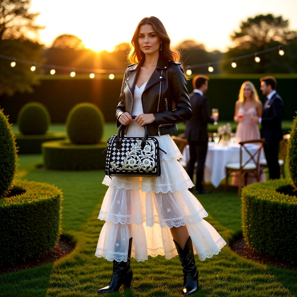 Western Lace Black-and-White Tooled Leather Speedy Bag