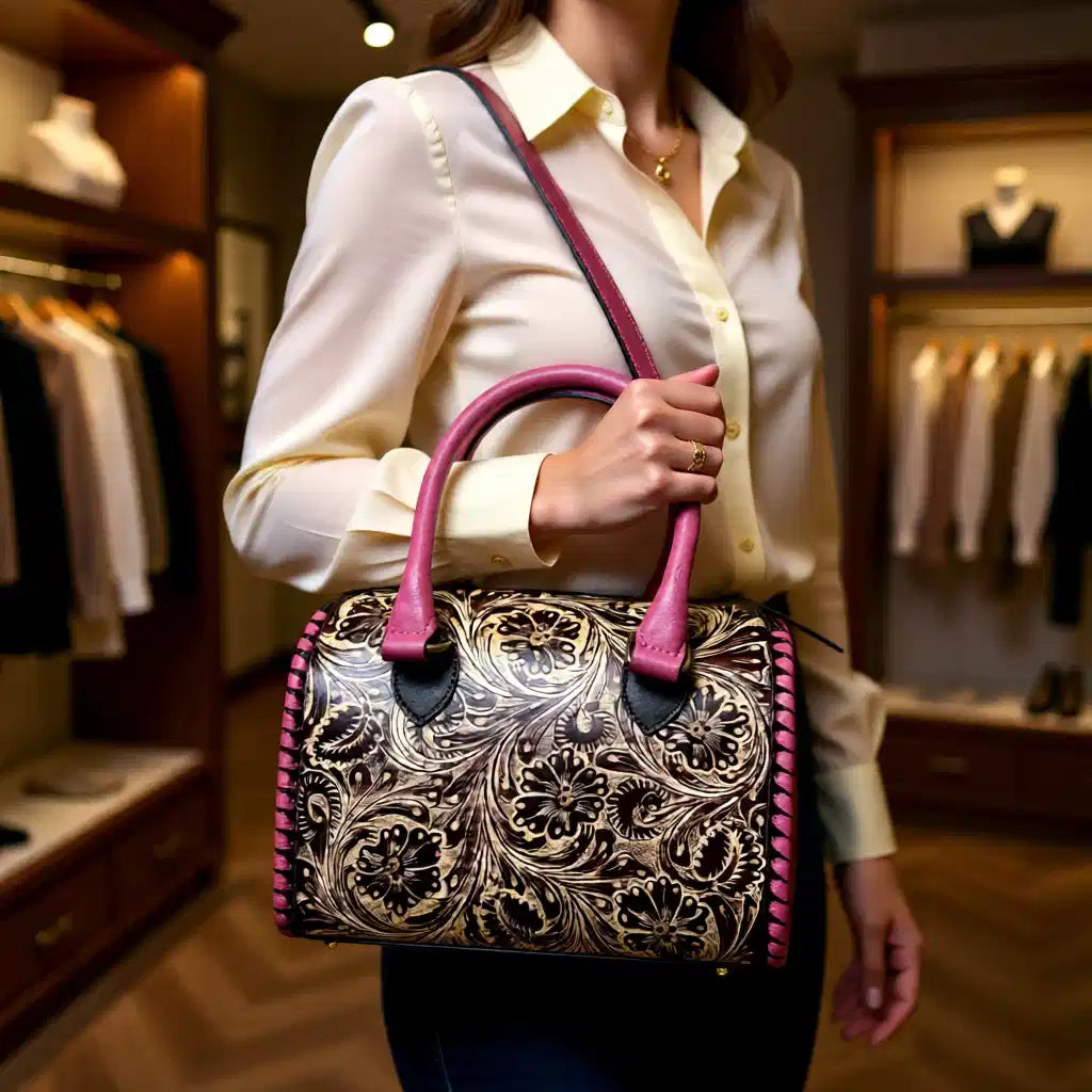 Chocolate Rose Genuine Leather Tooled Speedy Bag