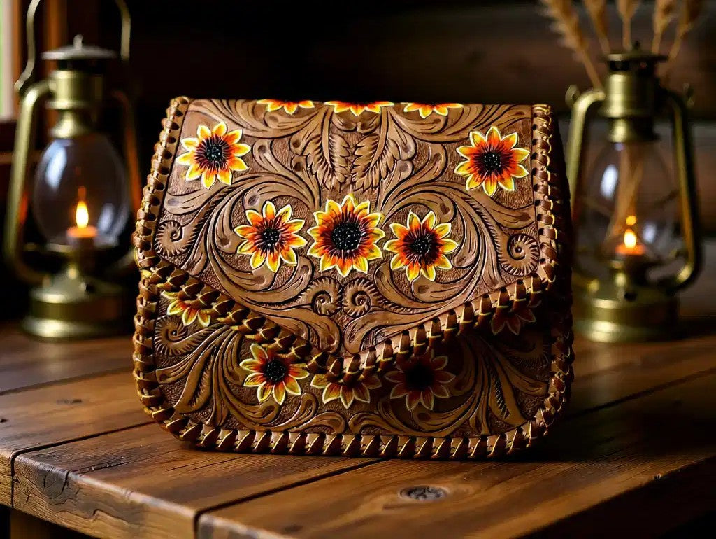 Golden Hour Sunflower Genuine Leather Tooled Clutch Crossbody Bag