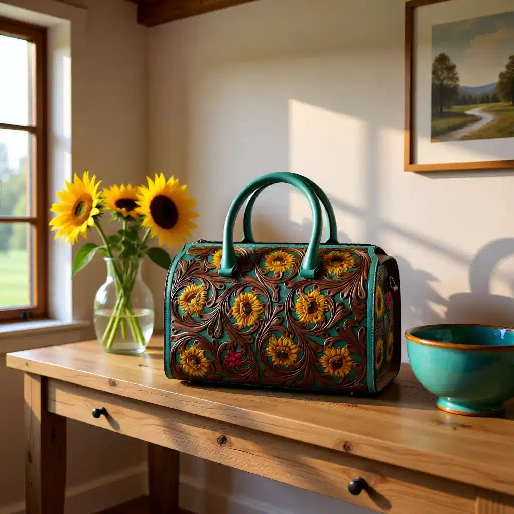 Turquoise Sunburst Hand-Tooled Leather Speedy Bag