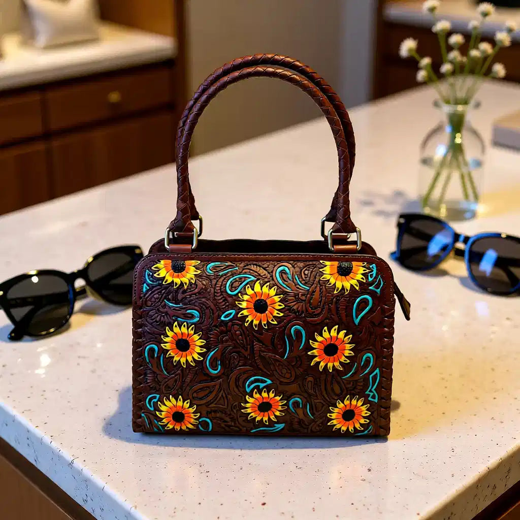Western Sunshine Satchel – Genuine Leather Tooled Western Handbag with Sunflowers & Turquoise Accents
