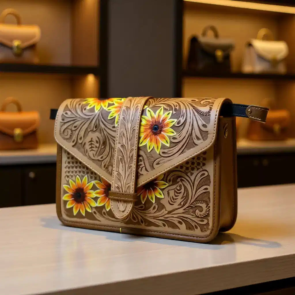 Sunshine Prairie Genuine Leather Tooled Clutch Crossbody Handbag
