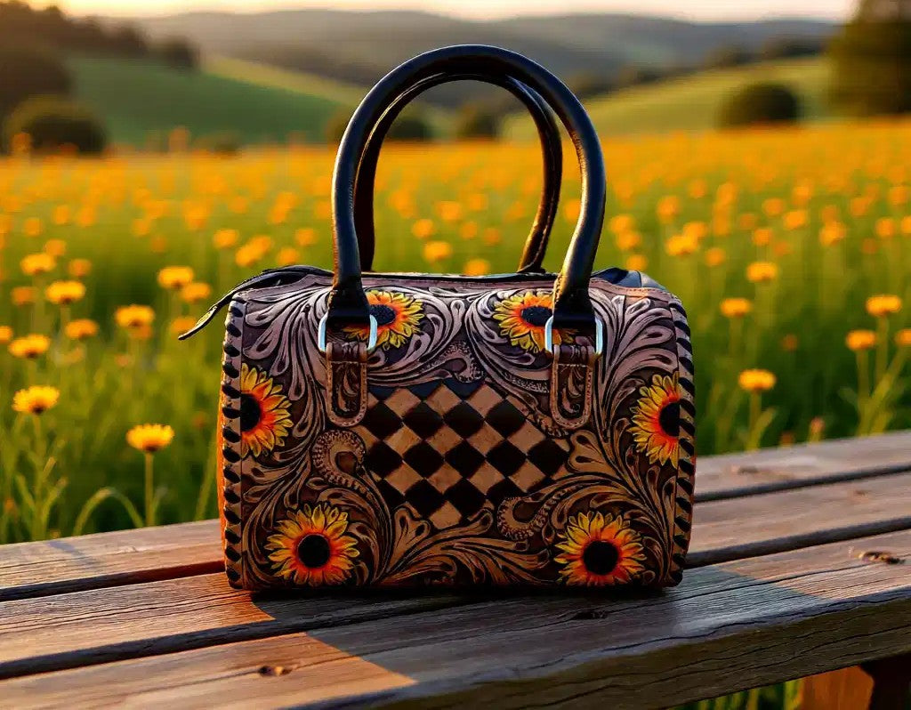 Sun-Kissed Darling Speedy – Genuine Leather Tooled Western Sunflower Handbag
