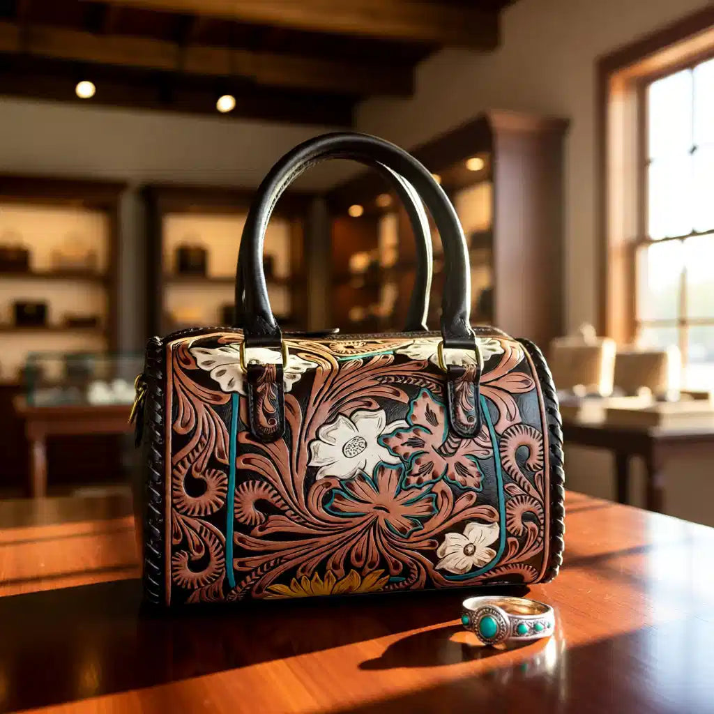 White Wildflower Collection – Floral Tooled Western Speedy Handbag