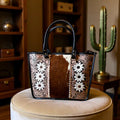 White Magnolia Hide Tote – Genuine Leather Hair-on-Hide Tooled Western Handbag