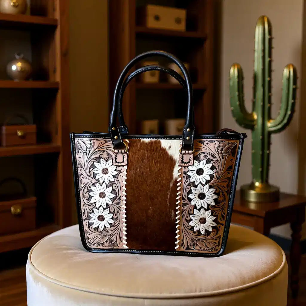 White Magnolia Hide Tote – Genuine Leather Hair-on-Hide Tooled Western Handbag
