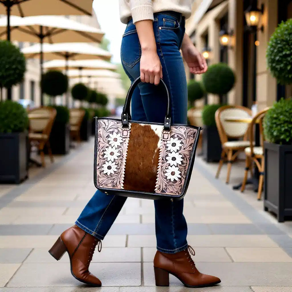 White Magnolia Hide Tote – Genuine Leather Hair-on-Hide Tooled Western Handbag