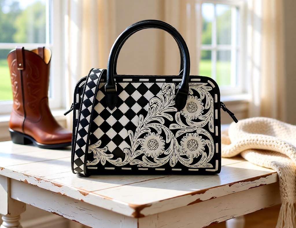 Western Lace Black-and-White Tooled Leather Speedy Bag
