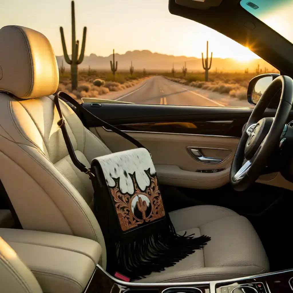Sassy Cactus Tooled Leather Fringe Bag