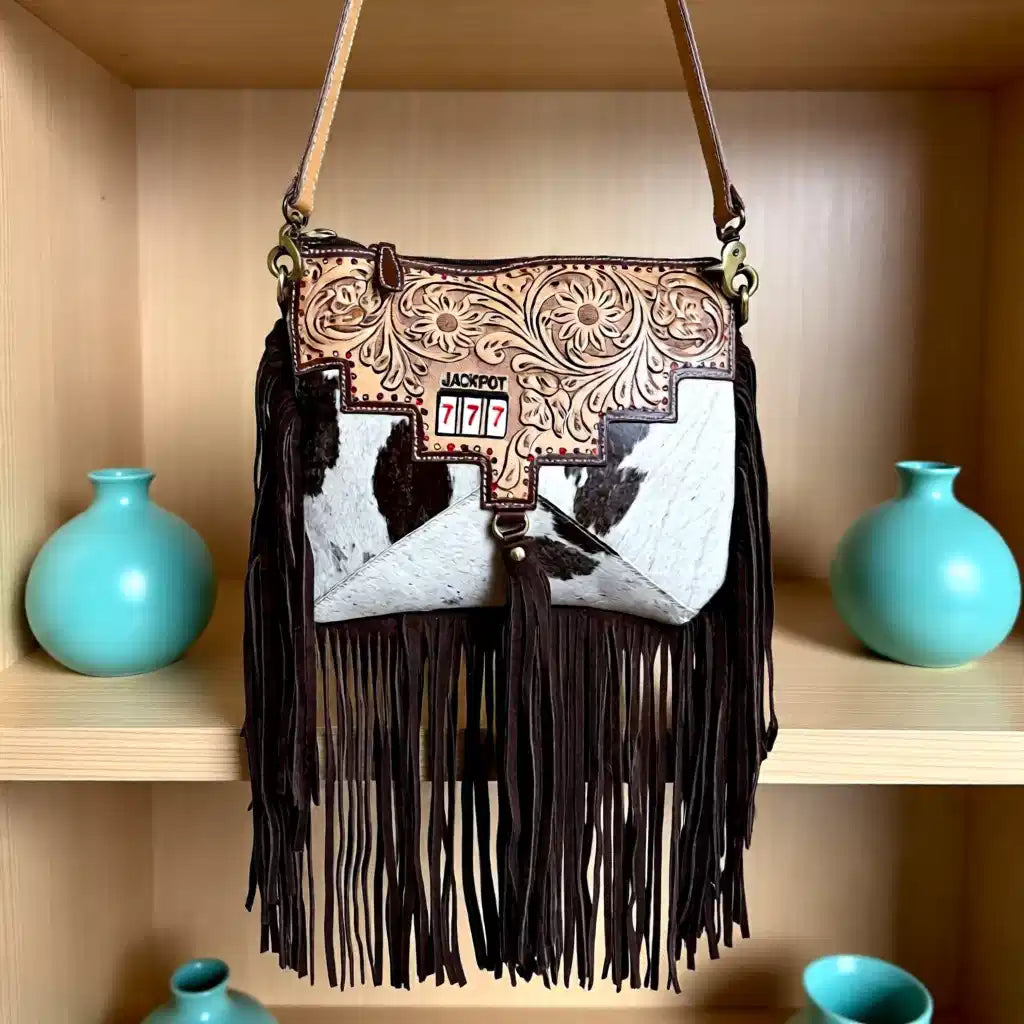 Lucky Seven Fringe Crossbody Bag – Tooled Leather & Hair-on-Hide
