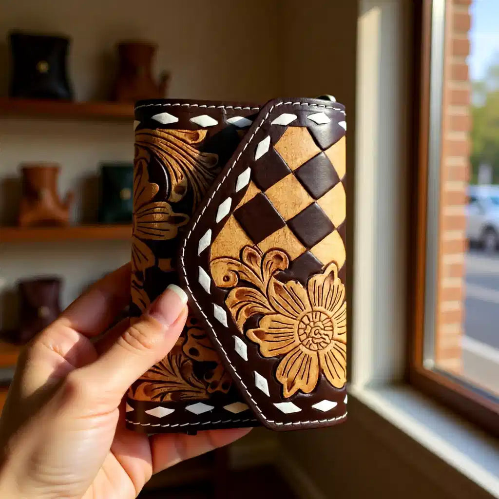 Diamond Bloom Tooled Leather Wristlet Wallet