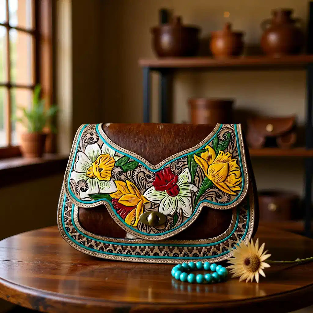 Desert Daffodil Collection – Floral Tooled Hair-on-Hide Western Handbag