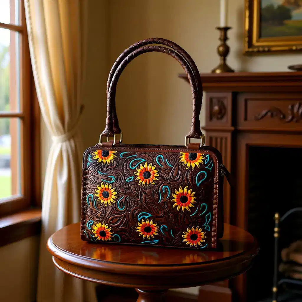Western Sunshine Satchel – Genuine Leather Tooled Western Handbag with Sunflowers & Turquoise Accents