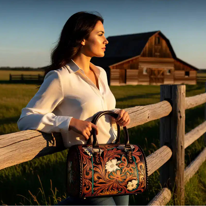 White Wildflower Collection – Floral Tooled Western Speedy Handbag