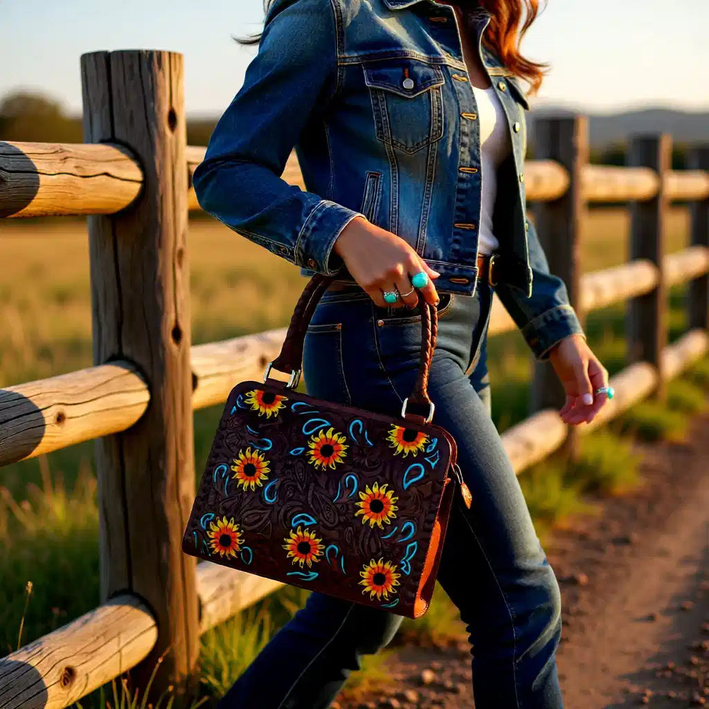 Western Sunshine Satchel – Genuine Leather Tooled Western Handbag with Sunflowers & Turquoise Accents