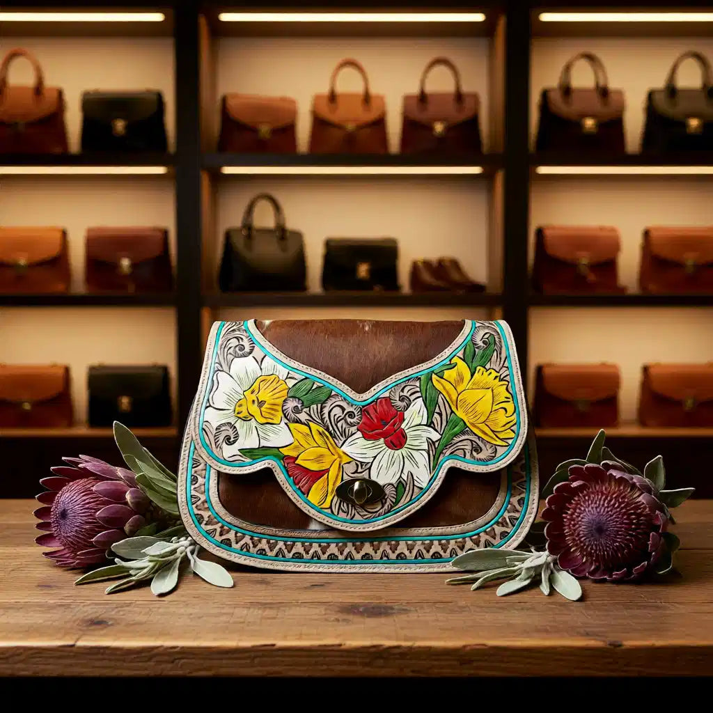 Desert Daffodil Collection – Floral Tooled Hair-on-Hide Western Handbag