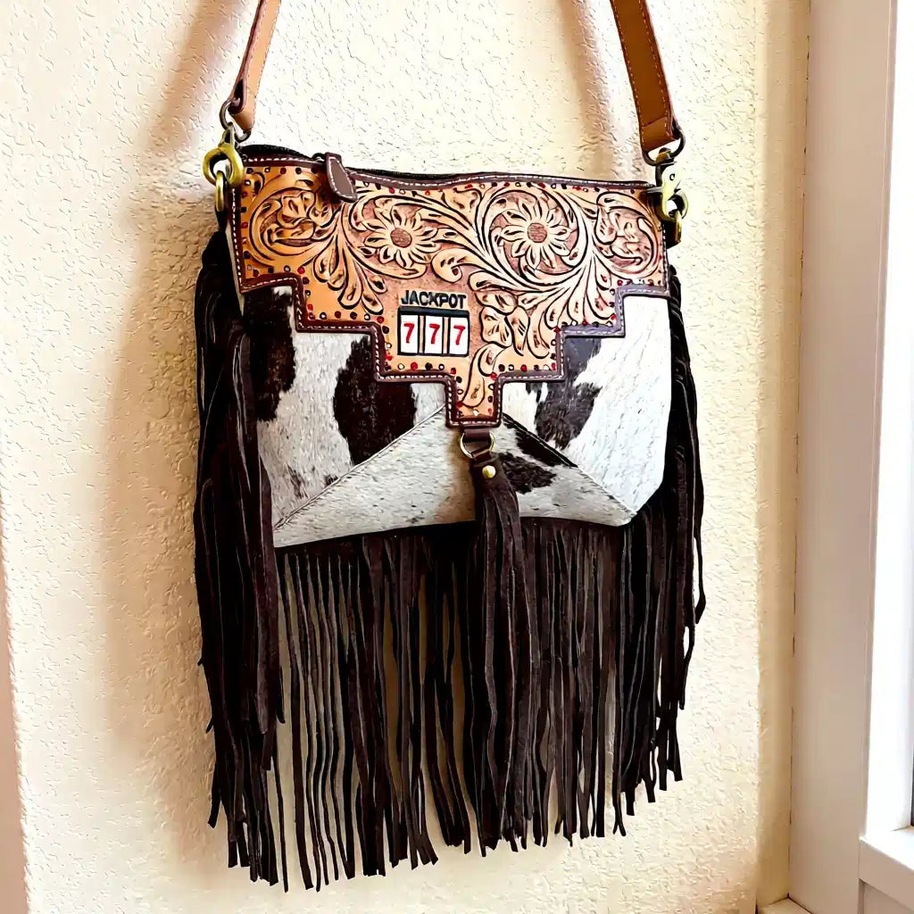 Lucky Seven Fringe Crossbody Bag – Tooled Leather & Hair-on-Hide