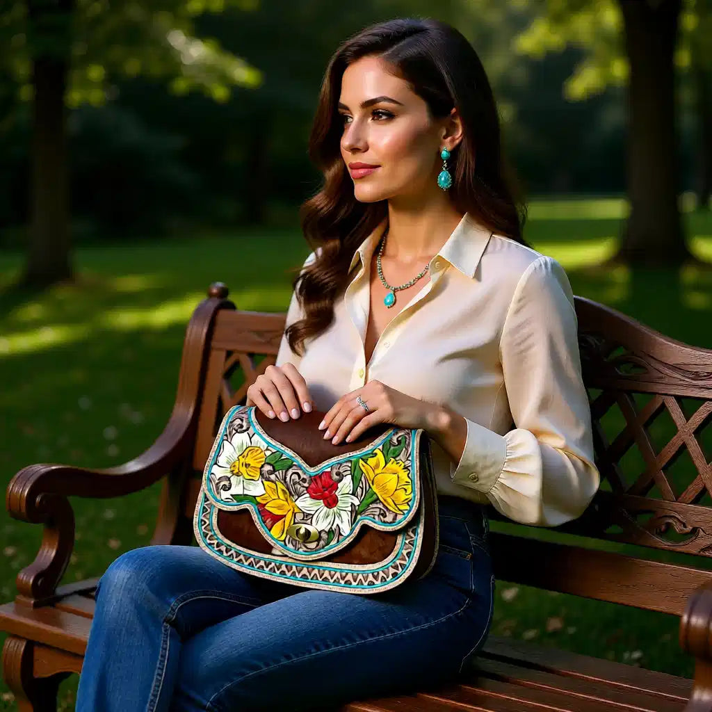 Desert Daffodil Collection – Floral Tooled Hair-on-Hide Western Handbag