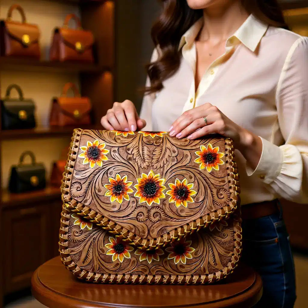 Golden Hour Sunflower Genuine Leather Tooled Clutch Crossbody Bag
