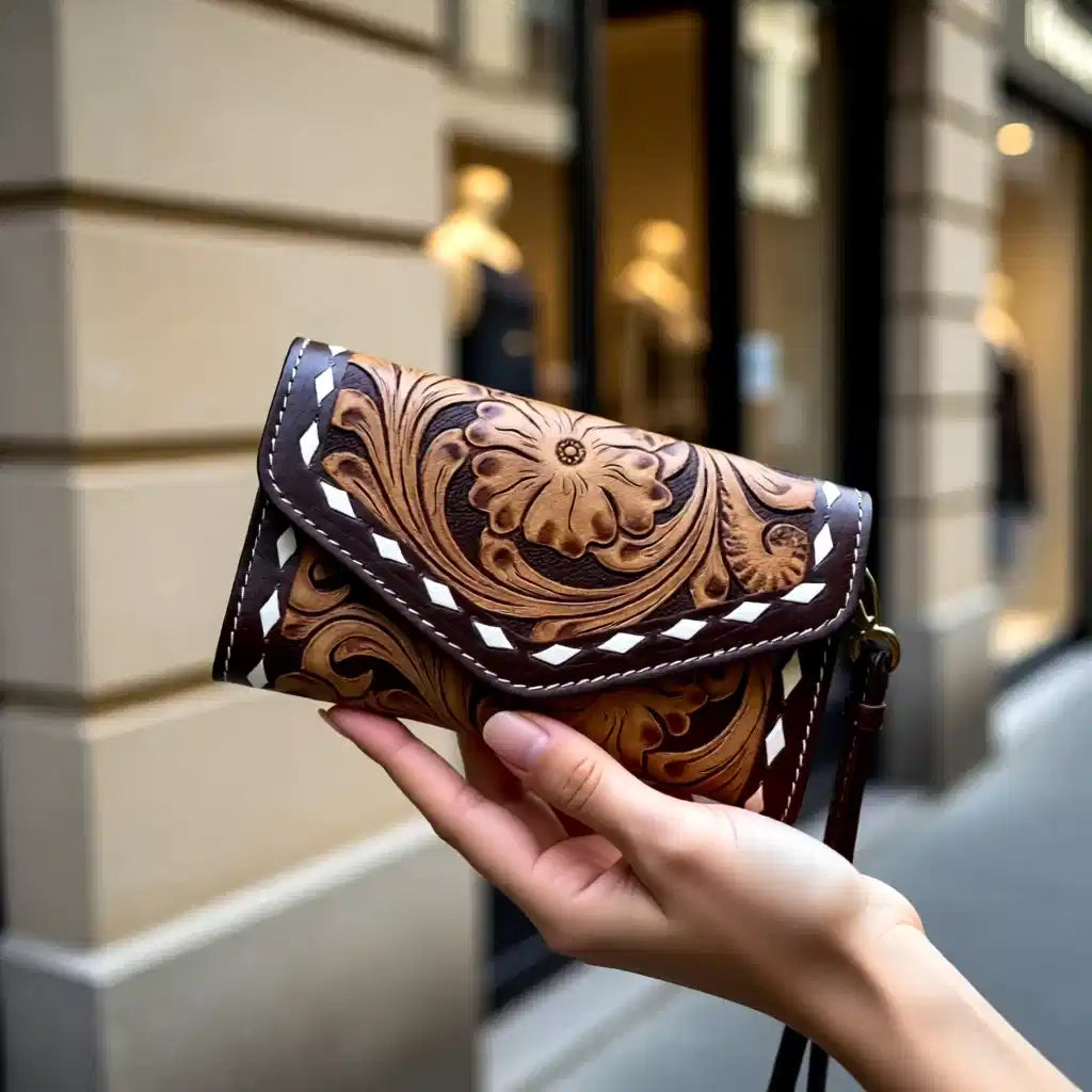 The Rustic Bloom Tooled Leather Wristlet Small Wallet