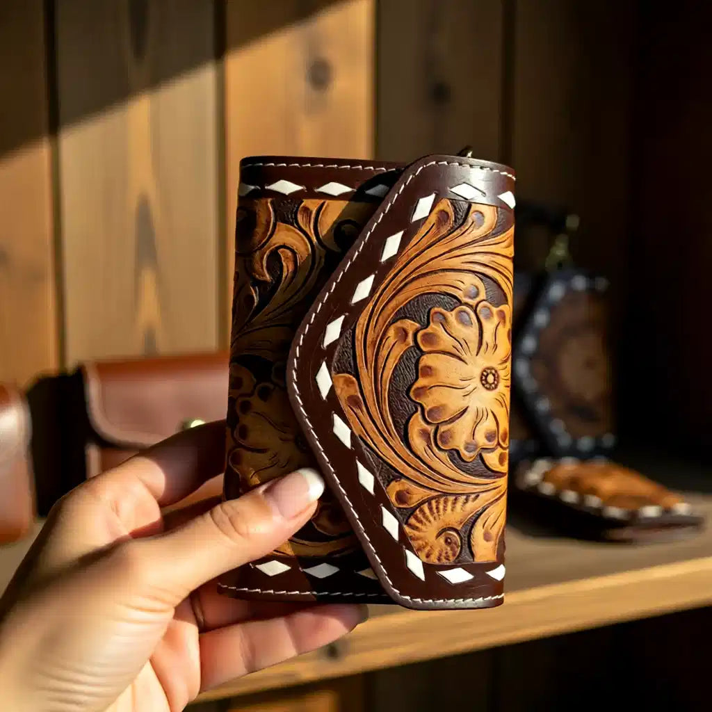 The Rustic Bloom Tooled Leather Wristlet Small Wallet
