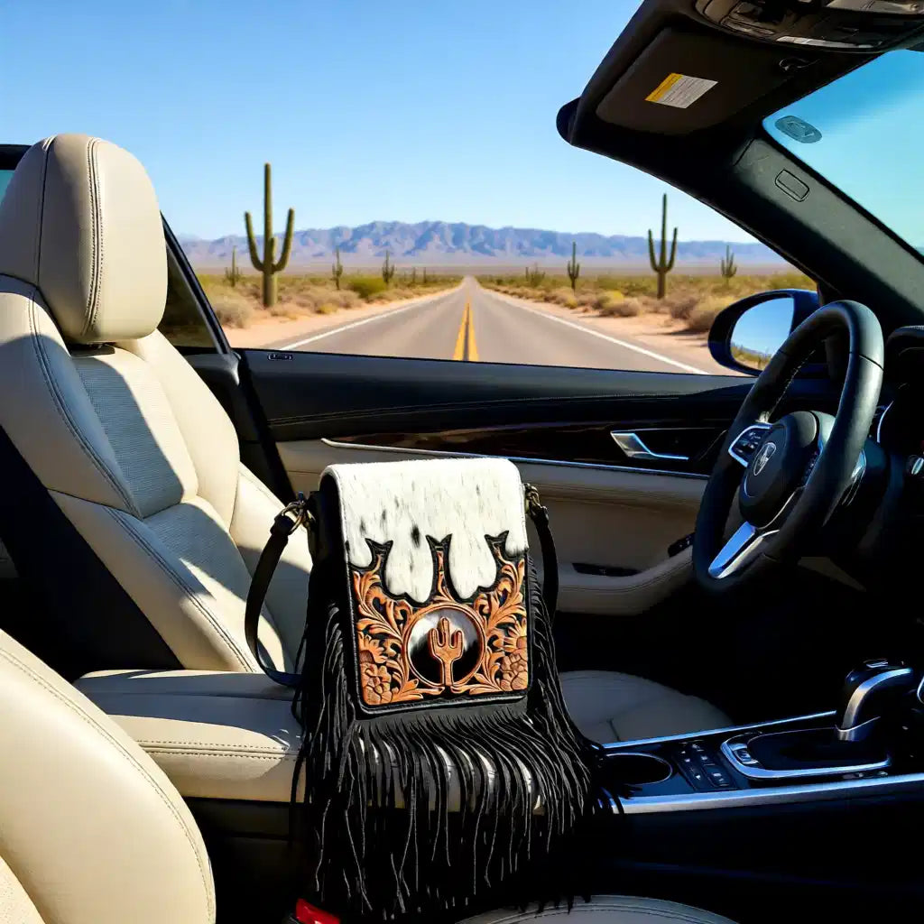 Sassy Cactus Tooled Leather Fringe Bag