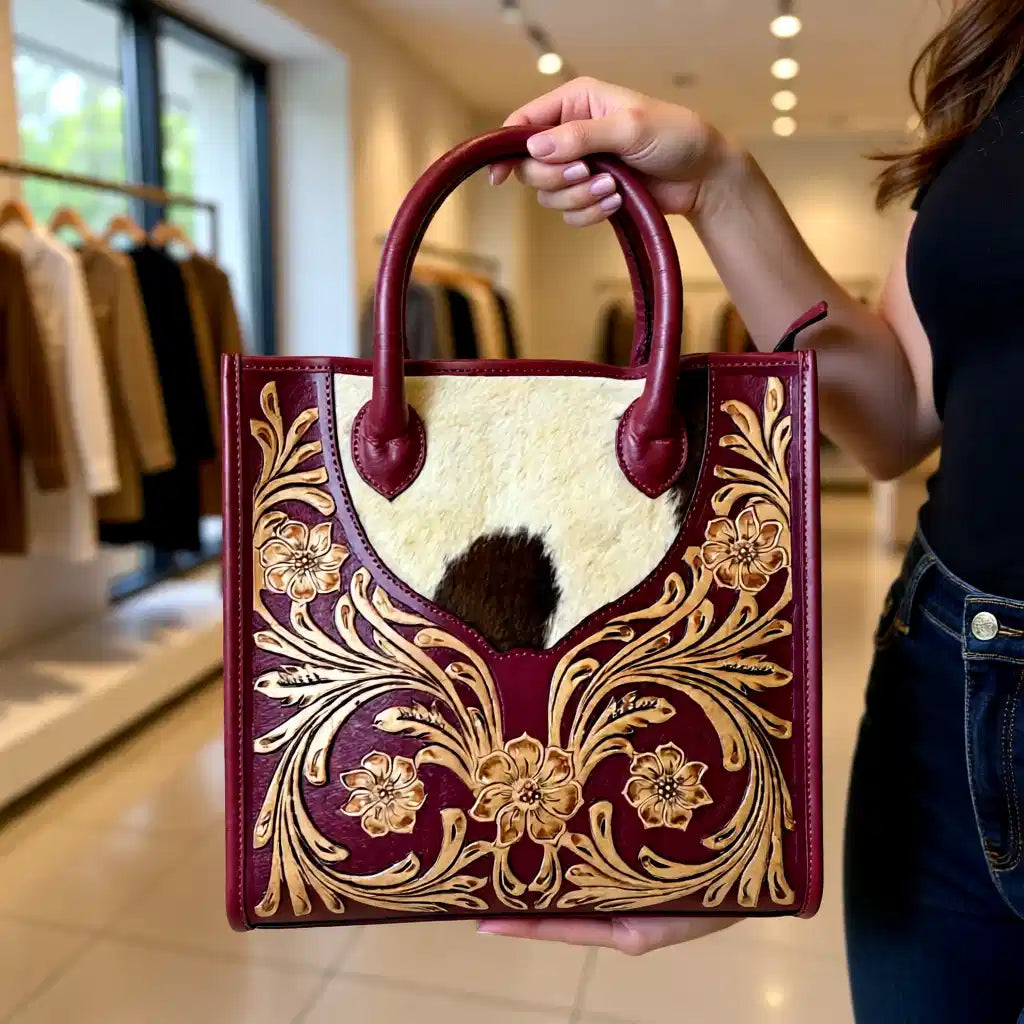 J  Rose Collection Cowhide & Floral Tooled Leather Tote Bag