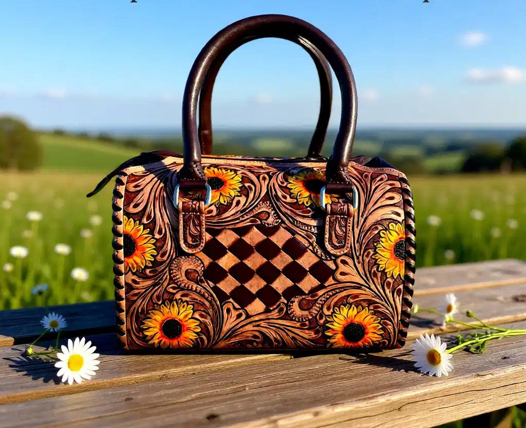Sun-Kissed Darling Speedy – Genuine Leather Tooled Western Sunflower Handbag