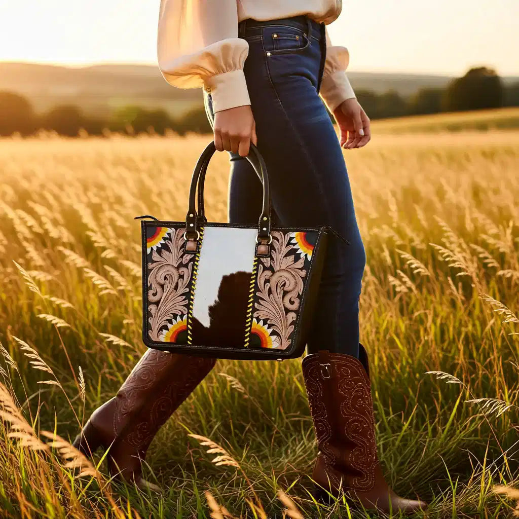 Wild Sunflower Hide Tote – Genuine Leather Hair-on-Hide Western Handbag