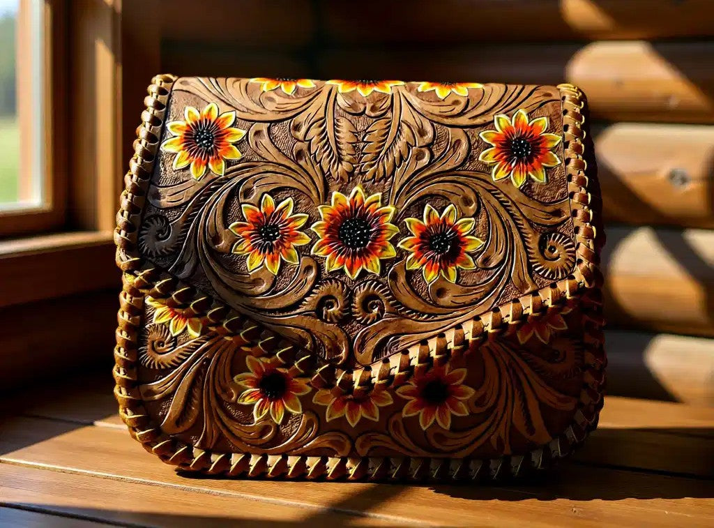 Golden Hour Sunflower Genuine Leather Tooled Clutch Crossbody Bag