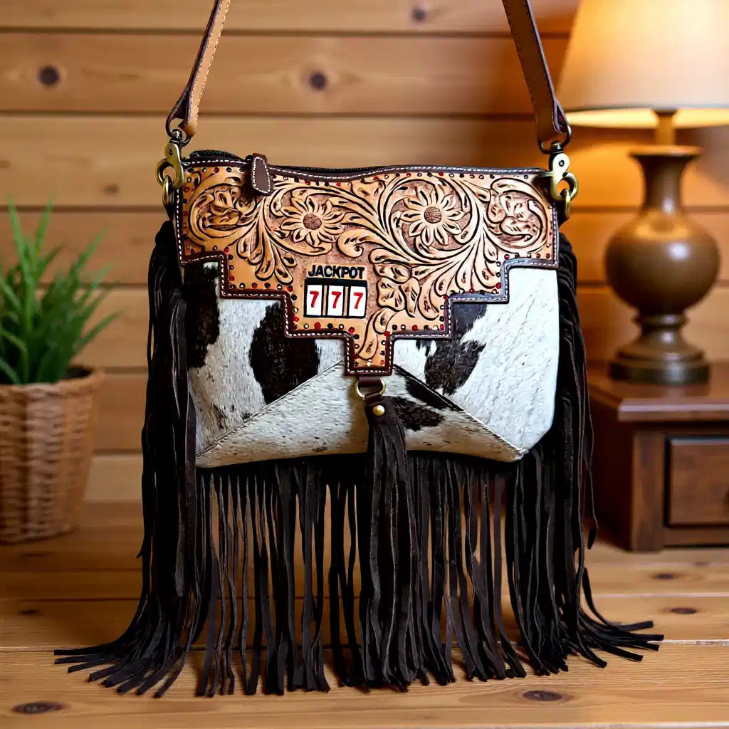 Lucky Seven Fringe Crossbody Bag – Tooled Leather & Hair-on-Hide