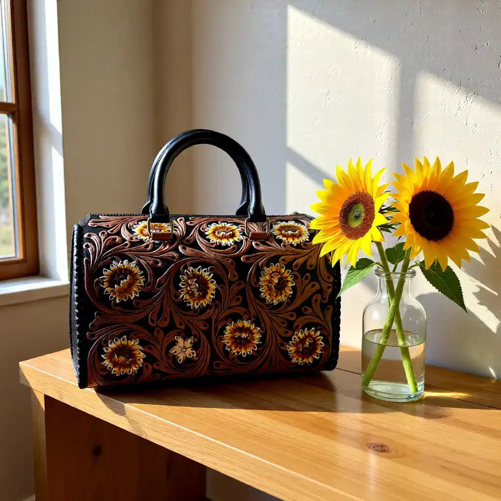 Black Gold Sunflower Hand-Tooled Leather Speedy Bag