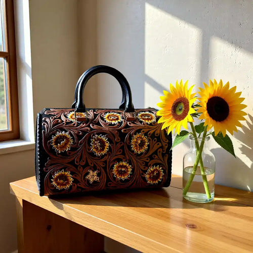Black Gold Sunflower Hand-Tooled Leather Speedy Bag