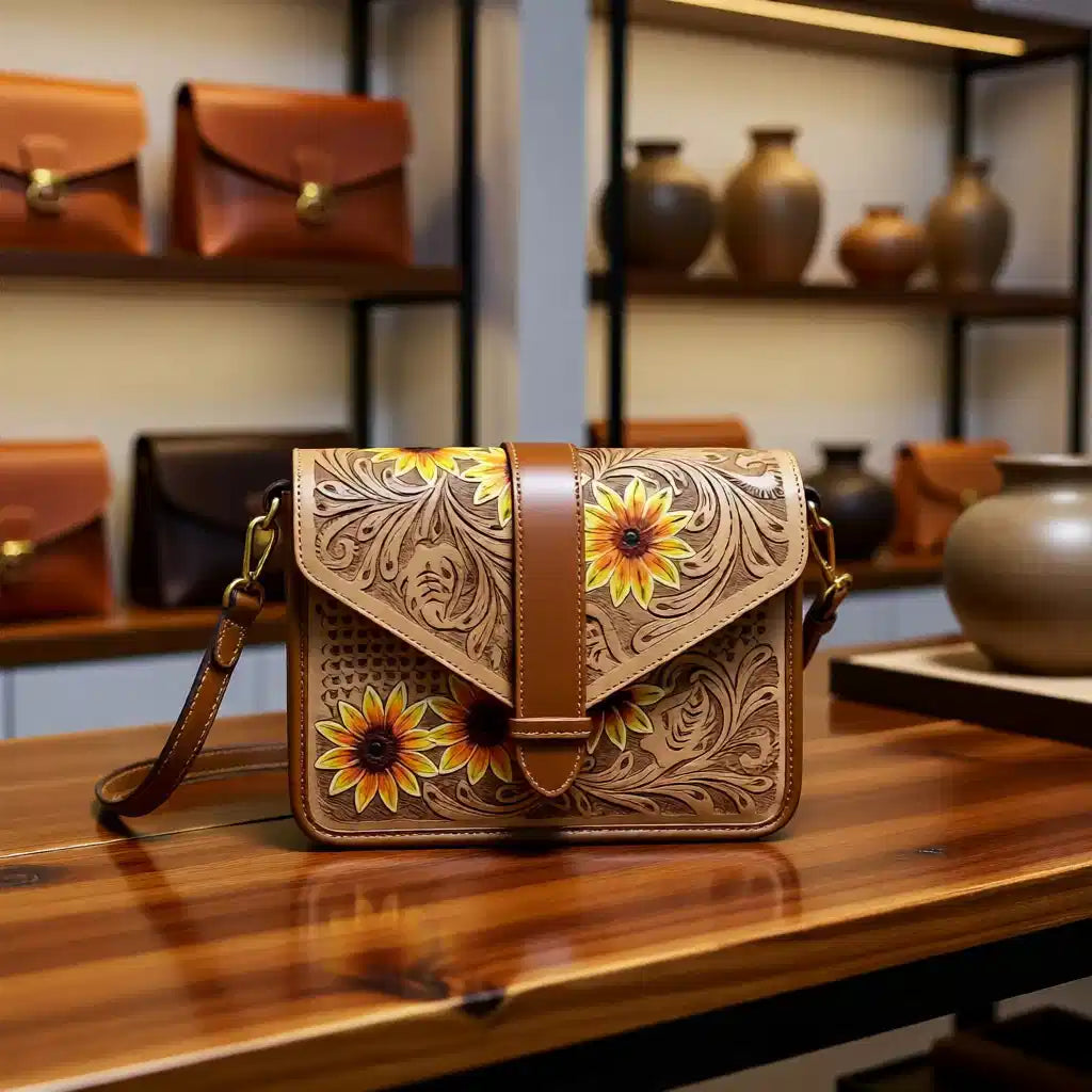 Sunshine Prairie Genuine Leather Tooled Clutch Crossbody Handbag