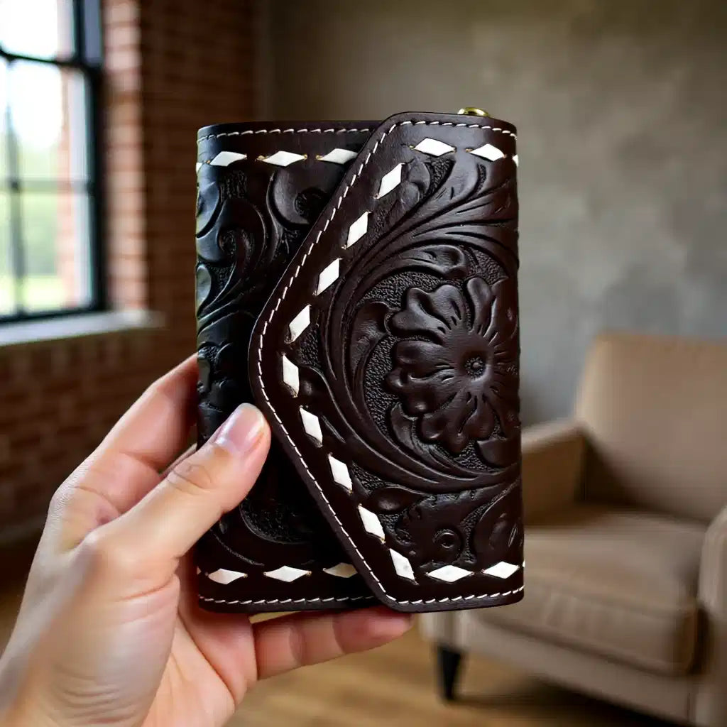 The Rustic Bloom Tooled Leather Wristlet Small Wallet