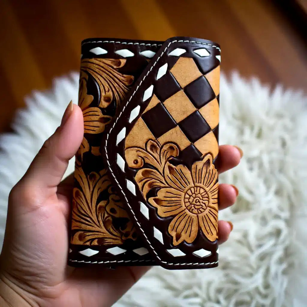 Diamond Bloom Tooled Leather Wristlet Wallet