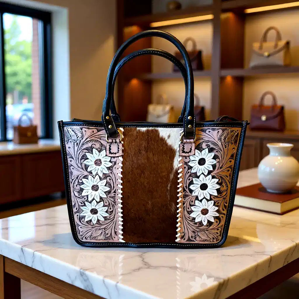 White Magnolia Hide Tote – Genuine Leather Hair-on-Hide Tooled Western Handbag