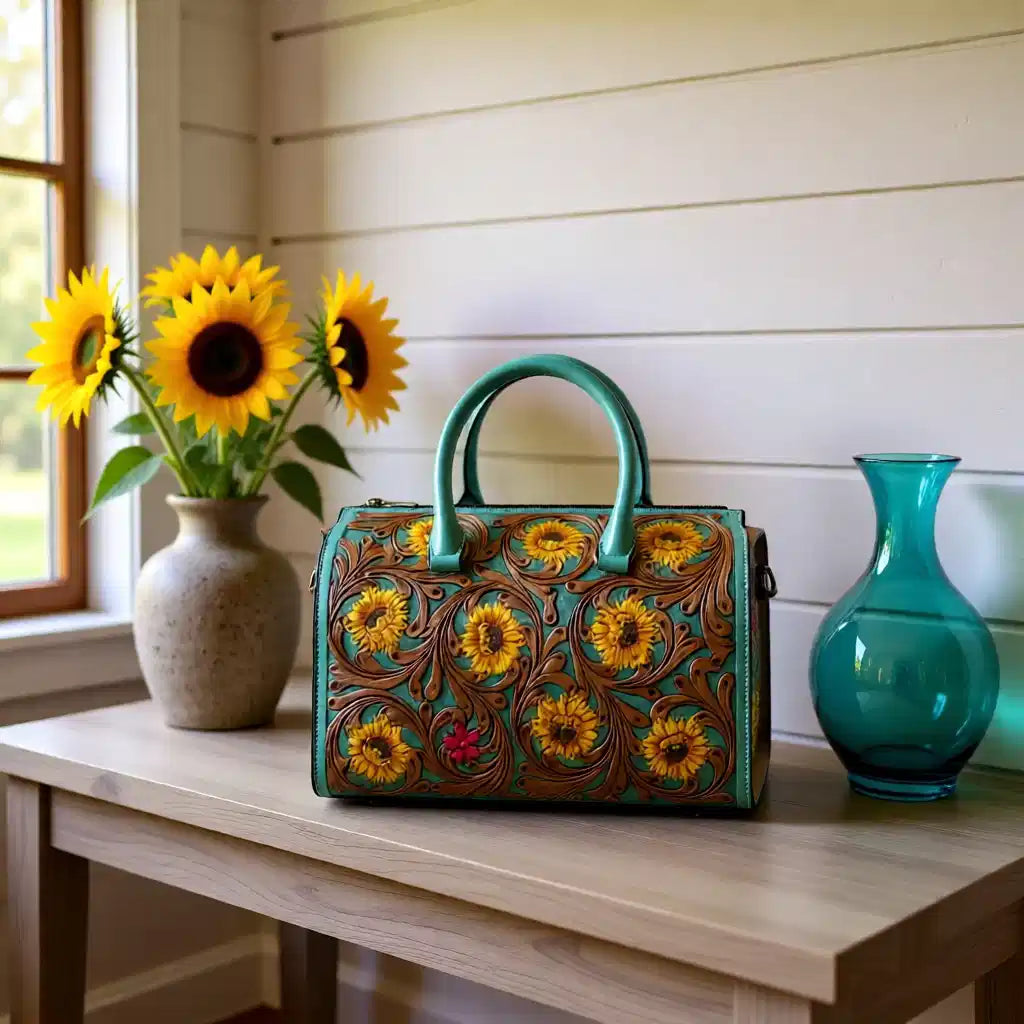 Turquoise Sunburst Hand-Tooled Leather Speedy Bag